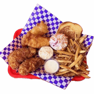 A plate with fried chicken tenders, fries, coleslaw, and dipping sauces.