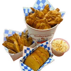 A fast-food meal with fried chicken, fries, hush puppies, and coleslaw.
