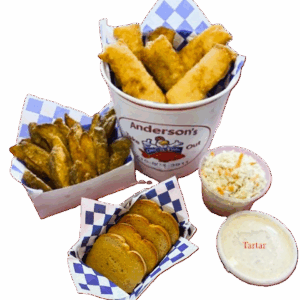 A bucket of fried fish, fries, hush puppies, and coleslaw.