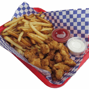 Basket of fried shrimp, French fries, and dipping sauces.