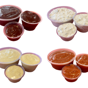 Various sauces in small containers including ketchup, mayonnaise, and barbecue sauce.