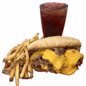 Cheeseburger with fries and a soda on a pink background.