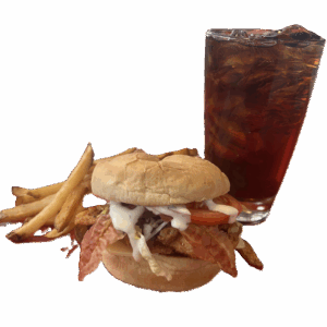 A bacon cheeseburger with fries and a cold drink.