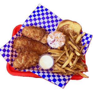 A classic fish and chips meal with fries, coleslaw, tartar sauce, and a slice of toasted bread.