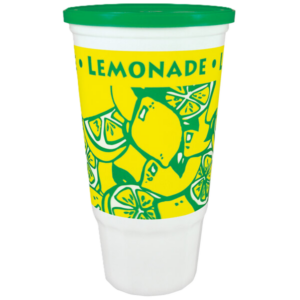 Colorful cup with lemonade and lemon illustrations.