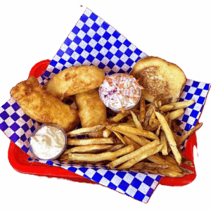 A fried seafood platter with fries on a checkered paper.