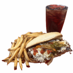 A sandwich with fries and a drink.