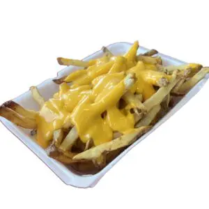 Cheesy fries loaded with melted cheddar cheese in a white tray.