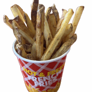 A cup filled with golden French fries.