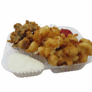 Two servings of battered fried food with dipping sauce on a tray.