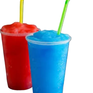 Two colorful frozen slush drinks with straws, one red and one blue.