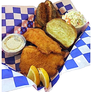 A fried fish platter with hush puppies, coleslaw, garlic bread, and tartar sauce.