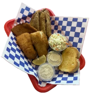 A basket with fried fish, hush puppies, coleslaw, and dipping sauces.